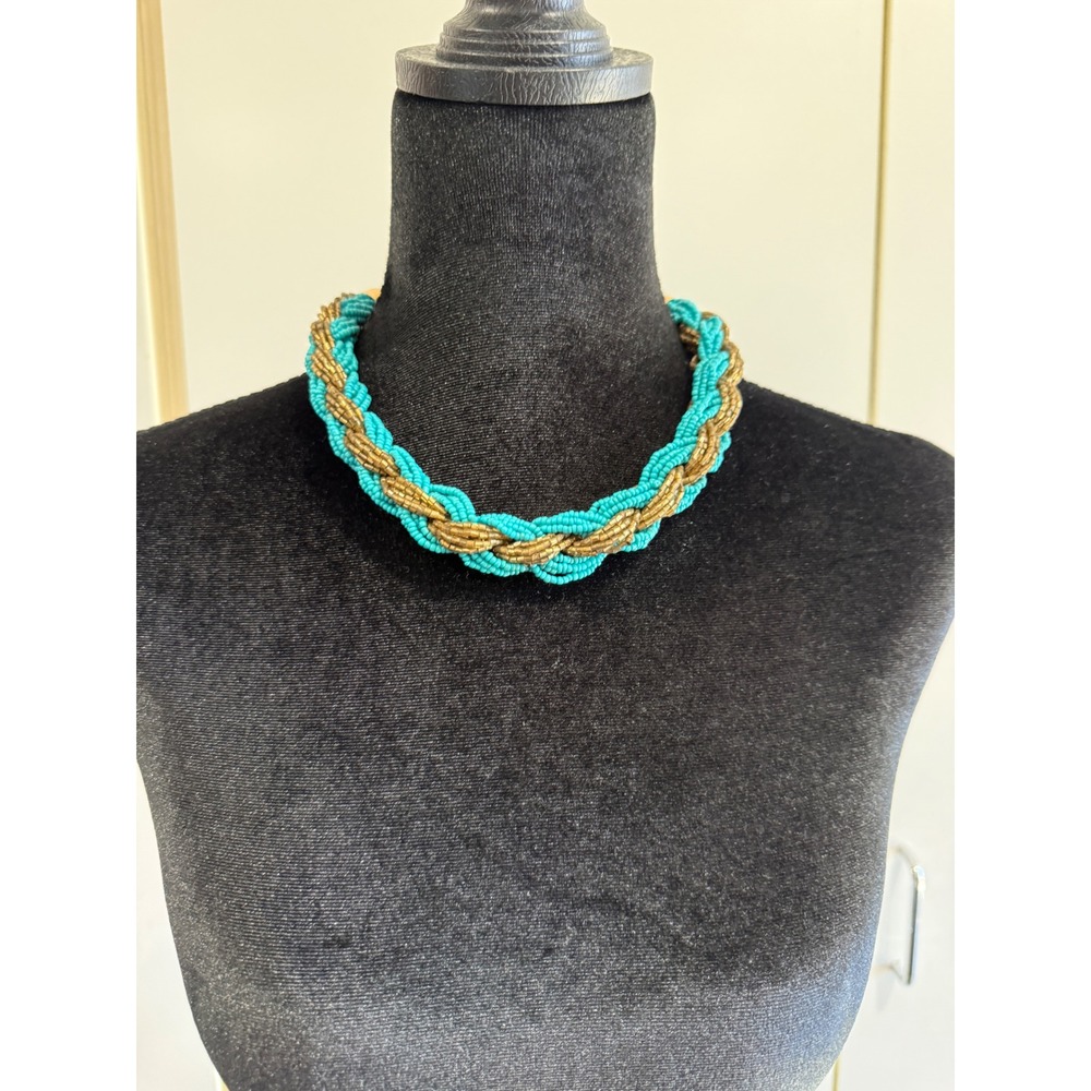 Vintage Braided Seed Bead Statement Necklace Turquoise Gold Boho Multi-Strand